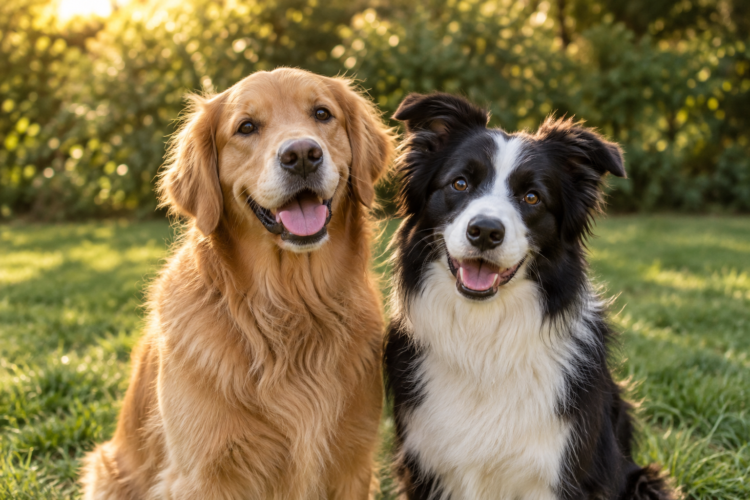 A golden retriever and border collie enjoying the garden together